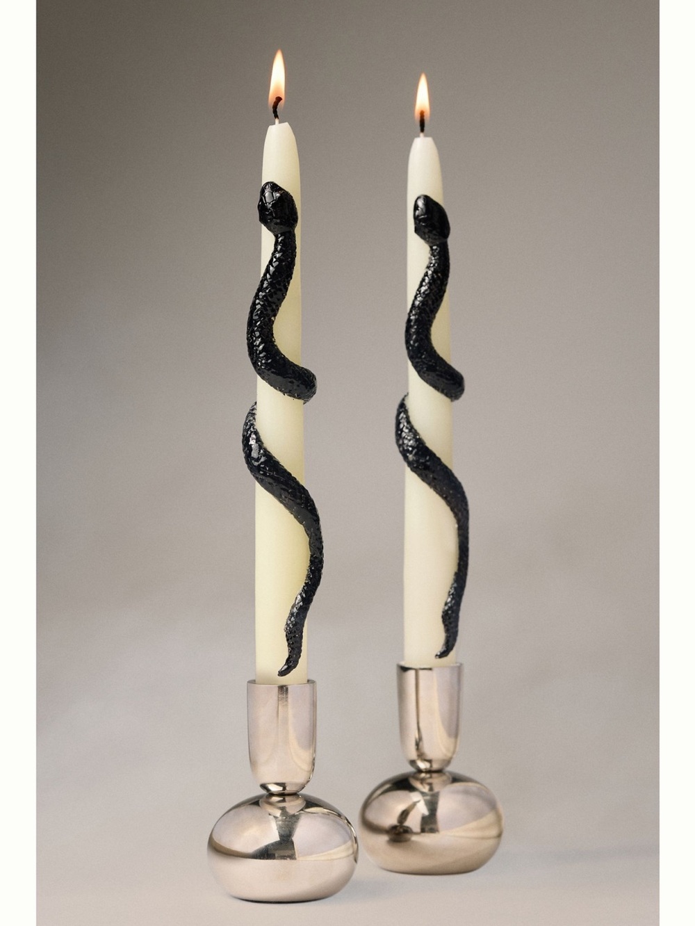 Anthropologie Taper Candles Ivory with Black Snakes Spooky Halloween Set of 2